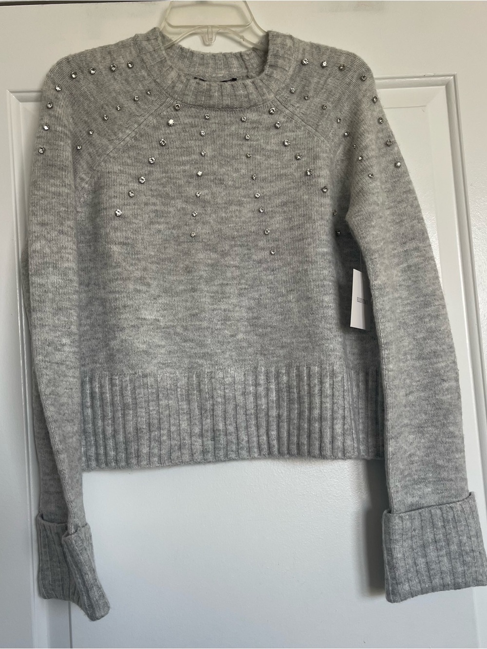 Ellen Tracy Rhinestone Embellished Crewneck Crop Sweater